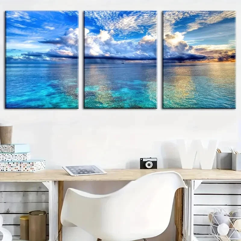 3pcs Blue Sky And White Clouds Sunny Perfect Wall Art Set Canvas Framed 40x60cm - High Quality Print 100% Australian Made Wall Canvas Ready to Hang - Bella Home Decor