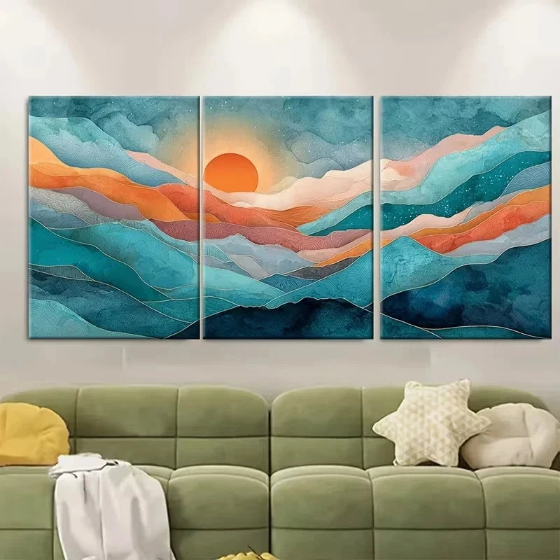 3pcs Watercolor Sun Painting Wall Art Set Canvas Framed 50x70cm – High Quality Print 100% Australian Made Wall Canvas Ready to Hang