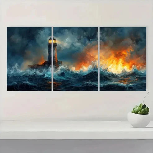 3pcs Stormy Ocean Lighthouse ru Wall Art Set Canvas Unframed - High Quality Print 100% Australian Made Wall Canvas - Bella Home Decor