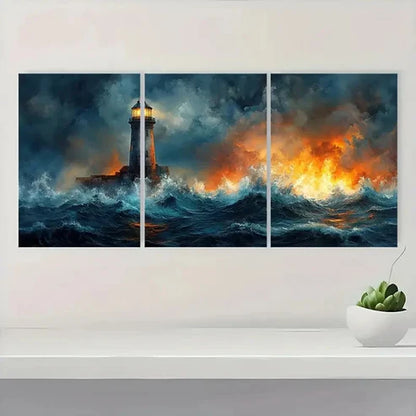 3pcs Stormy Ocean Lighthouse ru Wall Art Set Canvas Unframed - High Quality Print 100% Australian Made Wall Canvas - Bella Home Decor