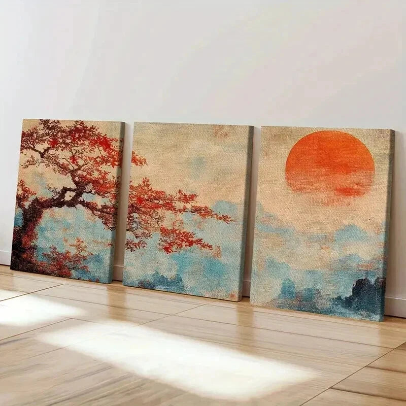 3pcs Vintage Autumn Tree & Sunset Landscape Wall Art Set Canvas Framed 60x90cm - High Quality Print 100% Australian Made Wall Canvas Ready to Hang - Bella Home Decor