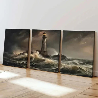 3pcs Stormy Sea Waves Lighthouse Beacon Wall Art Set Canvas Unframed - High Quality Print 100% Australian Made Wall Canvas