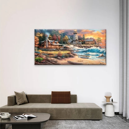 Beach Scene Lighthouse Boat Wall Art Canvas Office Home Room Framed 120x60cm