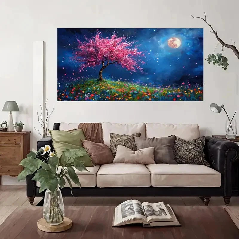 Moon Floral Tree Night Wall Art Canvas Office Home Room Framed 120x60cm