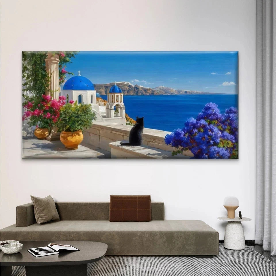 Mediterranean Sea ,Black Cat Wall Art Canvas Office Home Room Framed 120x60cm