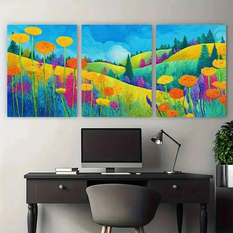 3pcs Hills And Garden Painting Colorful Perfect Wall Art Set Canvas Framed 50x70cm - High Quality Print 100% Australian Made Wall Canvas Ready to Hang