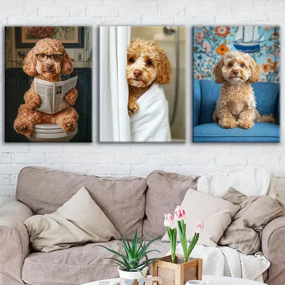 3pcs Cute Dog Toilet Blue & White Brawny Paper Wall Art Set Canvas Unframed - High Quality Print 100% Australian Made Wall Canvas - Bella Home Decor