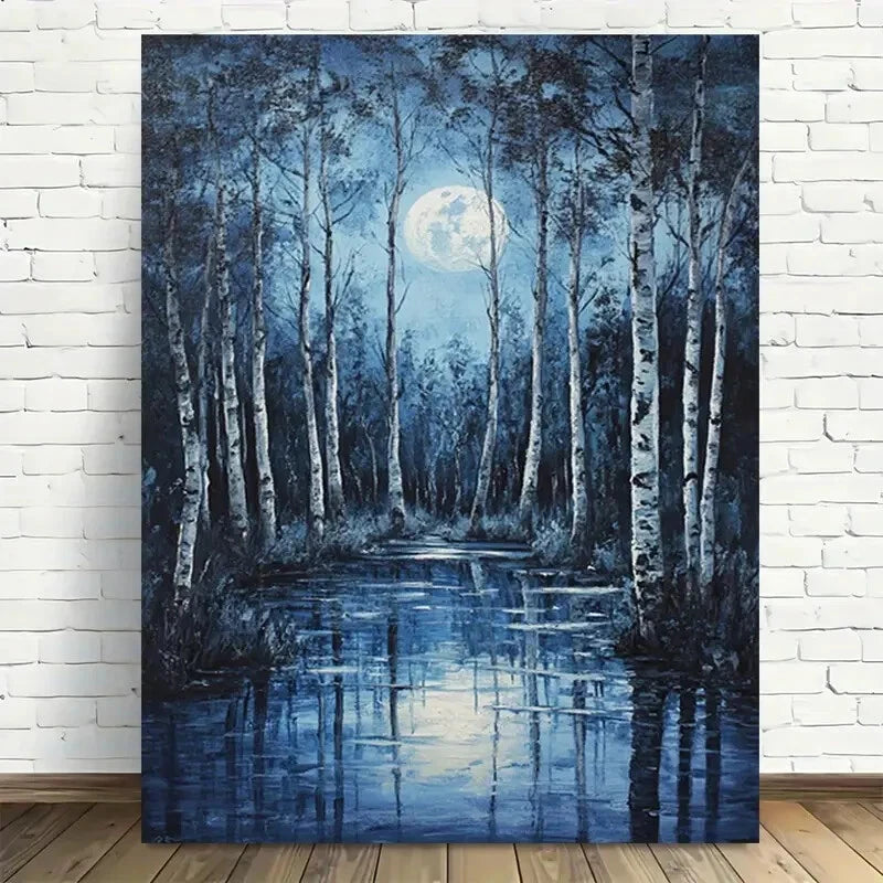 Beautiful Moonlit Forest Reflections Painting  40x60cm Metal Print Ready to Hang - Bella Home Decor