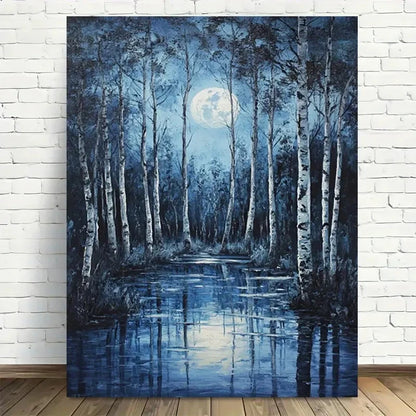 Beautiful Moonlit Forest Reflections Painting  40x60cm Metal Print Ready to Hang - Bella Home Decor