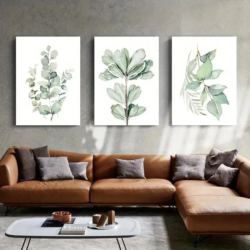 3pcs Vibrant Green Eucalyptus Leaves Botanical Wall Art Set Canvas Framed 40x60cm - High Quality Print 100% Australian Made Wall Canvas Ready to Hang - Bella Home Decor
