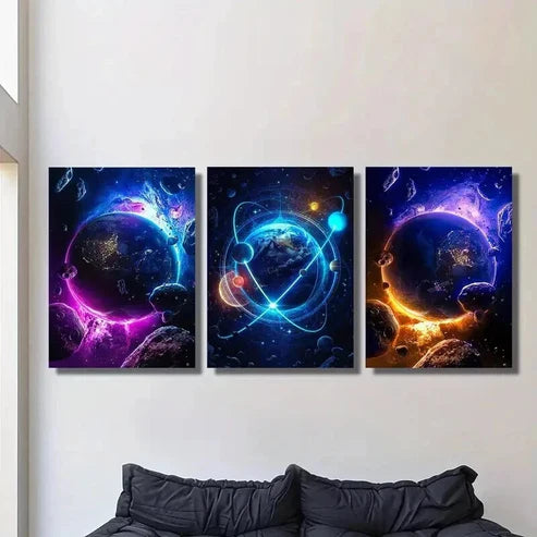 3pcs Fantasy Outer Space Glowing Planet Wall Art Set Canvas Unframed - High Quality Print 100% Australian Made Wall Canvas