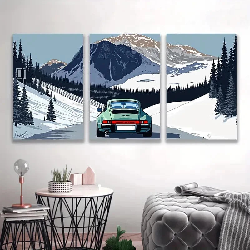 3pcs Car on Snowy Mountain Road  Wall Art Set Canvas Framed 50x70cm - High Quality Print 100% Australian Made Wall Canvas Ready to Hang - Bella Home Decor