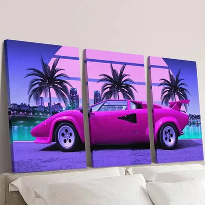 3pcs Vibrant Pink Sports Car Trees & Cityscape Wall Art Canvas Unframed – High Quality Print 100% Australian Made Wall Canvas