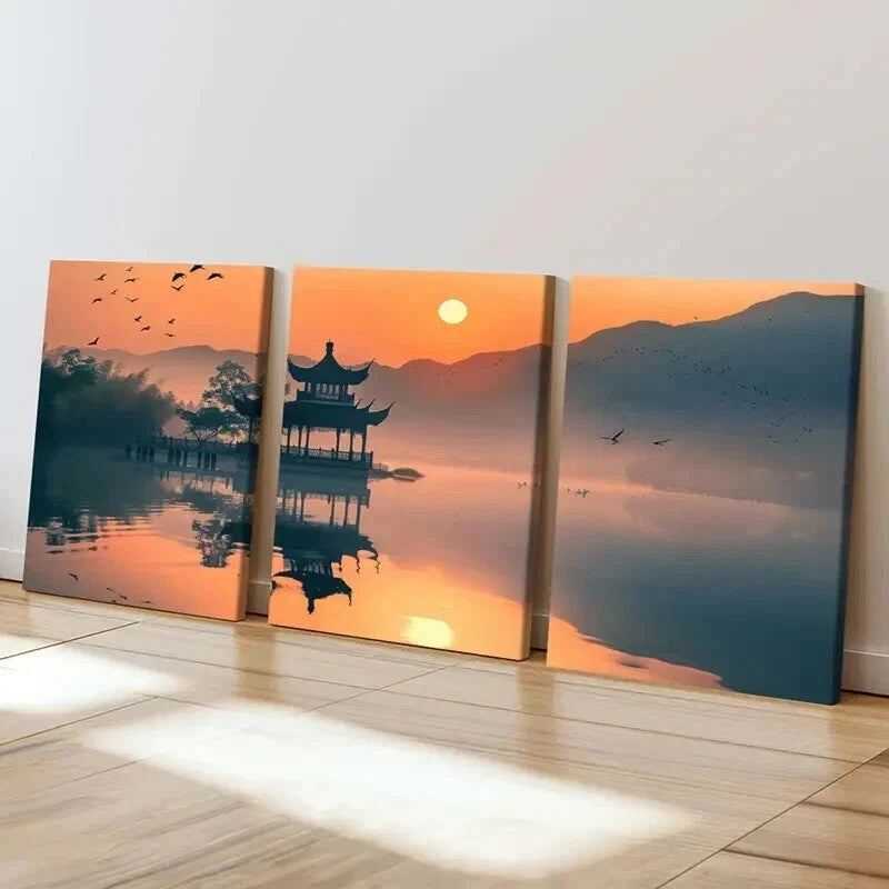 3pcs Traditional Chinese Landscape Decor Wall Art Set Canvas Framed 50x70cm - High Quality Print 100% Australian Made Wall Canvas Ready to Hang - Bella Home Decor