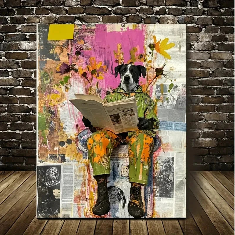 Featuring a Pet Dog with Paws Reading Newspapers 40x60cm Metal Print Ready to Hang