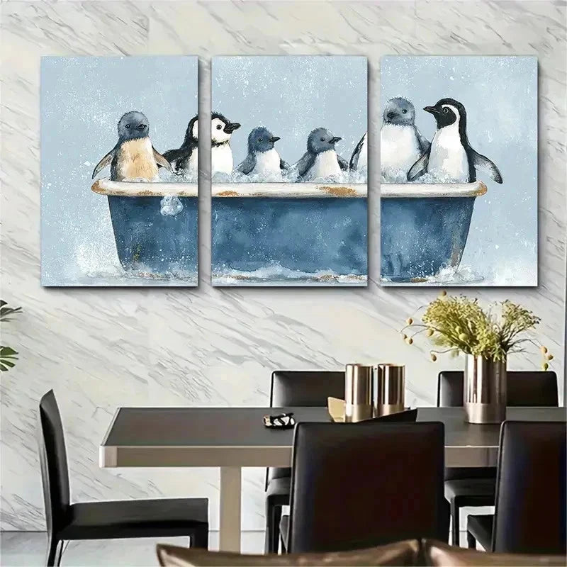3pcs Vibrant Penguins In Bathtub Perfect Wall Art Set Canvas Framed 50x70cm - High Quality Print 100% Australian Made Wall Canvas Ready to Hang