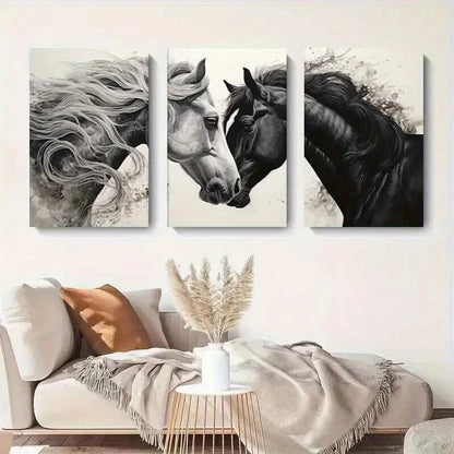 3pcs Black And White Horse Elegant Décor Perfect Wall Art Set Canvas Framed 50x70cm - High Quality Print 100% Australian Made Wall Canvas Ready to Hang - Bella Home Decor