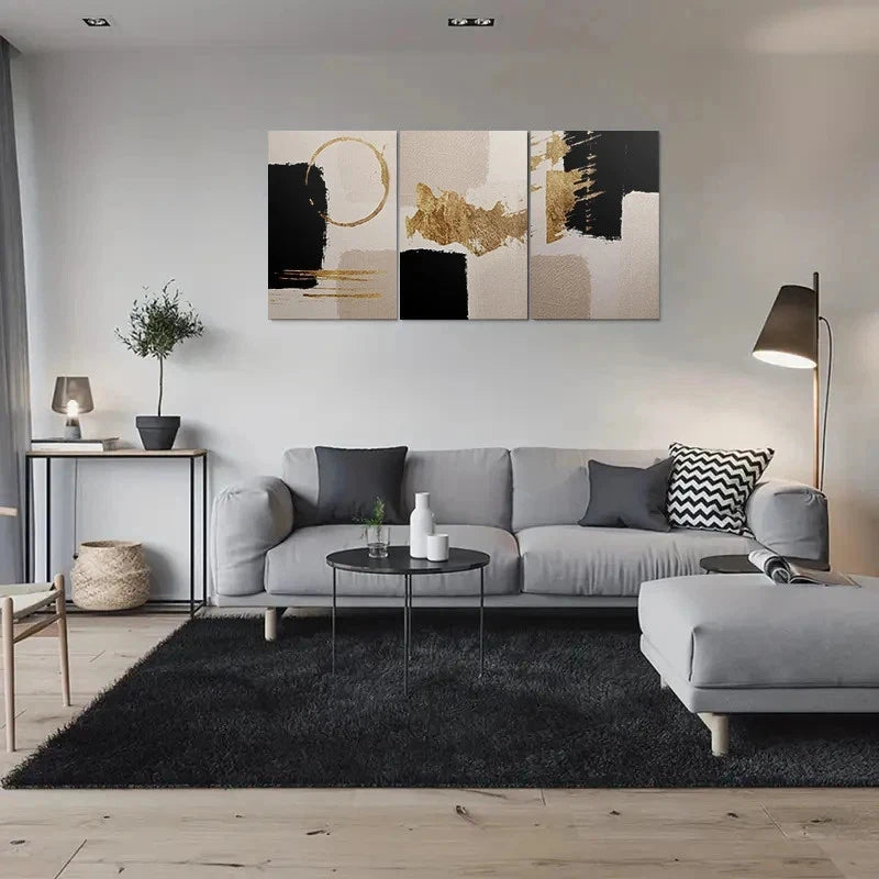 3pcs Golden Black Beige Abstract Metal Print Ready to Hang Art - Bella Home Decor