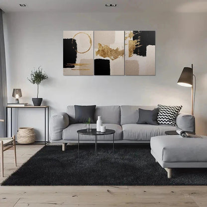 3pcs Golden Black Beige Abstract Metal Print Ready to Hang Art - Bella Home Decor