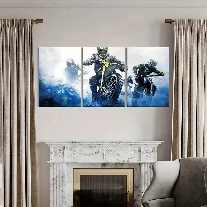 3pcs Action Packed Dirt Bike Racing Wall Art Set Canvas Framed 60x90cm - High Quality Print 100% Australian Made Wall Canvas Ready to Hang - Bella Home Decor