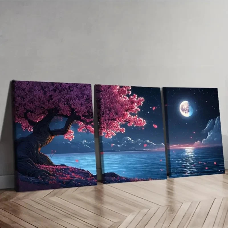 3pcs Flowering Tree & Moonlit Night Scene Wall Art Set Canvas Framed 60x90cm - High Quality Print 100% Australian Made Wall Canvas Ready to Hang