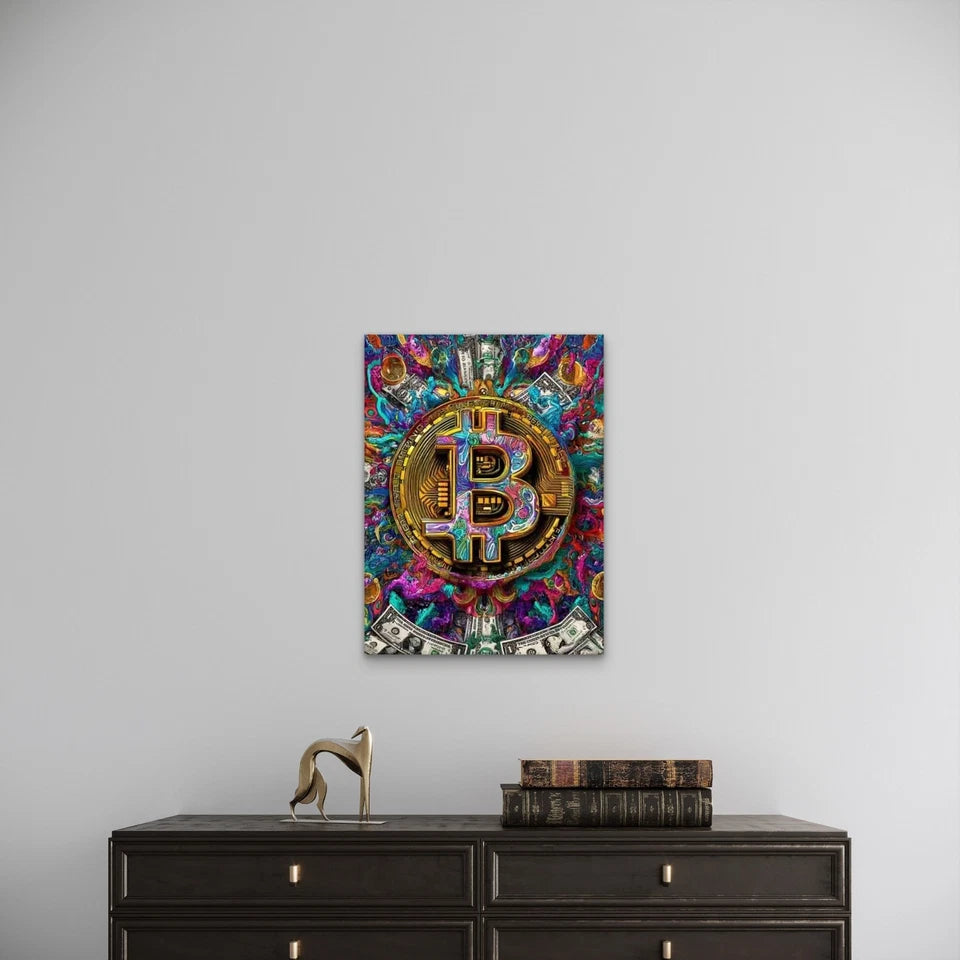 Colorful Bitcoin with Bright, Crypto Art Metal Print Ready to Hang