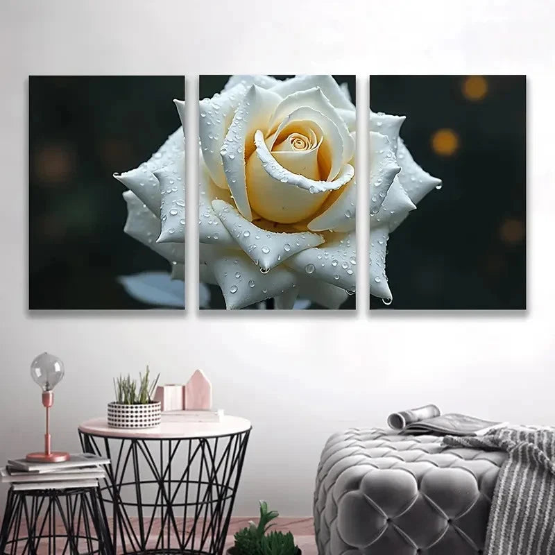 3pcs White Roses & Water Drops Triptych   Wall Art Set Canvas Framed 50x70cm - High Quality Print 100% Australian Made Wall Canvas Ready to Hang - Bella Home Decor