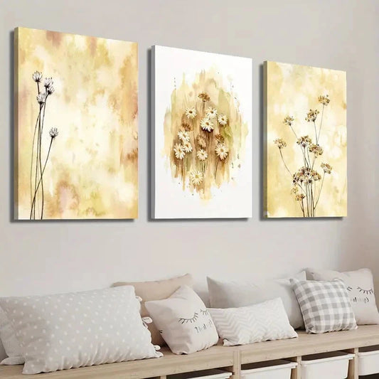 3pcs Botanical Wildflowers Beige Mustard Ochre Wall Art Set Canvas Framed 40x60cm - High Quality Print 100% Australian Made Wall Canvas Ready to Hang