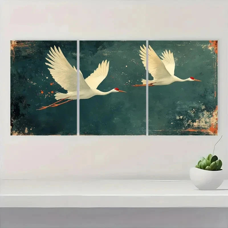 3pcs Vintage Asian Bird Elegant Crane Decor SA   Wall Art Set Canvas Framed 60x90cm - High Quality Print 100% Australian Made Wall Canvas Ready to Hang