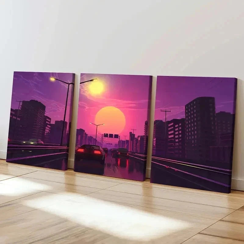 3pcs Vibrant Cityscape with Cars & Streetlights Wall Art Set Canvas Framed 50x70cm - High Quality Print 100% Australian Made Wall Canvas Ready to Hang - Bella Home Decor