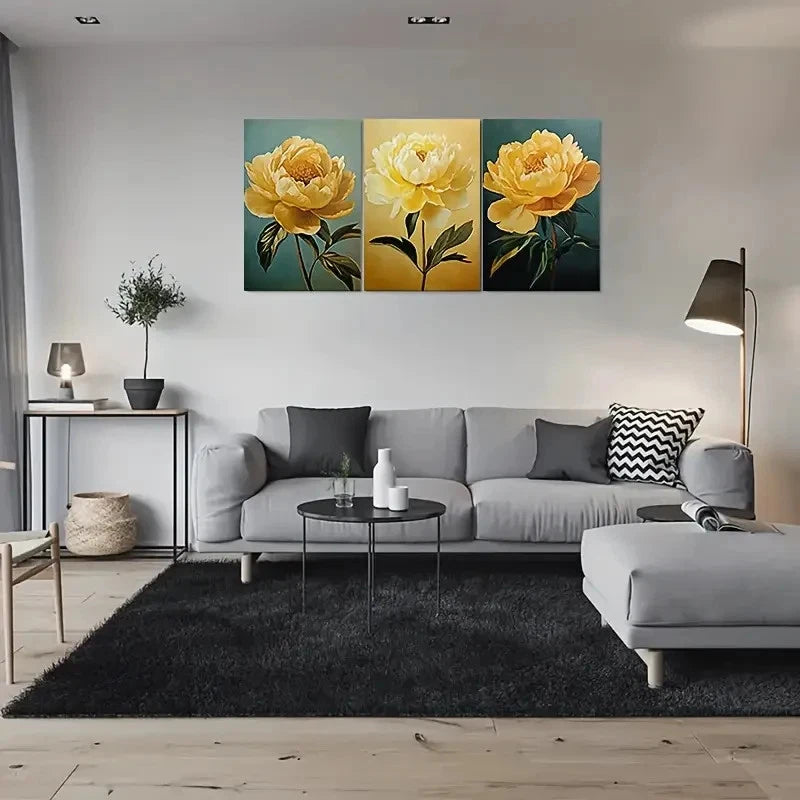 3pcs Golden Peony Florals Green Leaves Metal Print Ready to Hang Art - Bella Home Decor