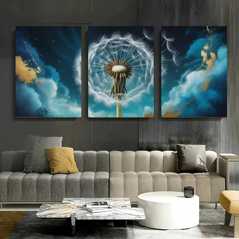 3pcs Dandelion, Blue Abstract  Botanical Pain Wall Art Set Canvas Framed 40x60cm - High Quality Print 100% Australian Made Wall Canvas Ready to Hang - Bella Home Decor