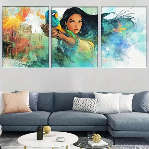 3pcs Bold Woman with Parrot, Vibrant Fantasy Wall Art Set Canvas Unframed - High Quality Print 100% Australian Made Wall Canvas - Bella Home Decor