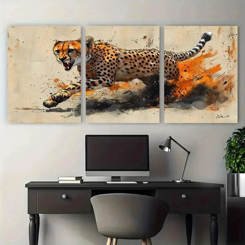 3pcs Wild Jumping Cat Nature Perfect Wall Art Set Canvas Framed 50x70cm - High Quality Print 100% Australian Made Wall Canvas Ready to Hang