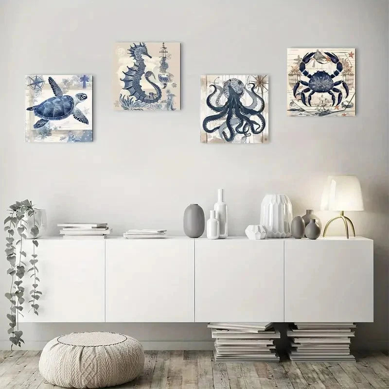 4pcs Octopus, Crab, Seahorse & Turtle, Blue & Wh Wall Art Canvas Framed