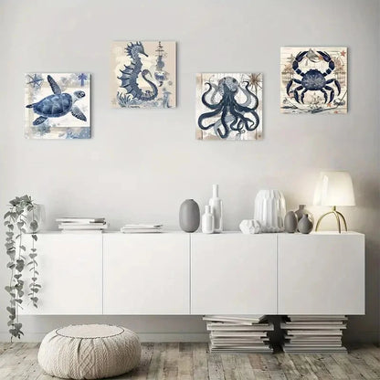 4pcs Octopus, Crab, Seahorse & Turtle, Blue & Wh Wall Art Canvas Framed