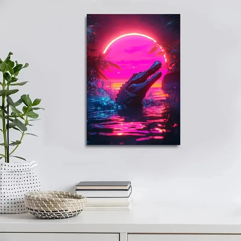 Vibrant Cyberpunk Crocodile Scene With Glow Painting 40x60cm Metal Print Ready to Hang - Bella Home Decor