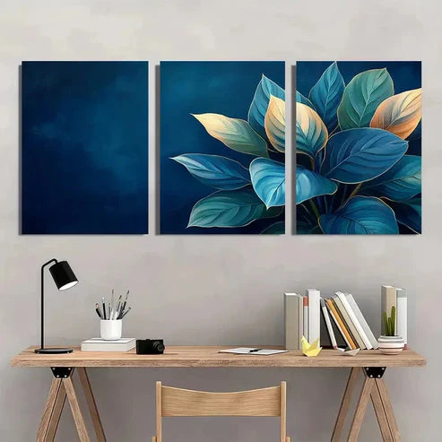 3pcs Vibrant Blue & Golden Calathea Perfect Wall Art Canvas Unframed - High Quality Print 100% Australian Made Wall Canvas - Bella Home Decor