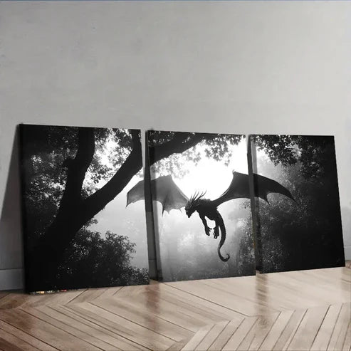 3pcs Dragons in the Sky Dark Fear Danger Wall Art Set Canvas Unframed - High Quality Print 100% Australian Made Wall Canvas - Bella Home Decor