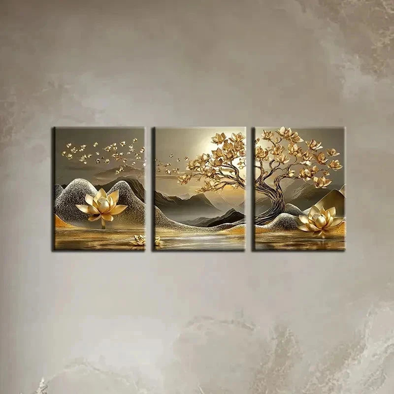 3pcs Golden For Lotus Tree Of Life Perfcect Wall Art Set Canvas Framed 50x70cm - High Quality Print 100% Australian Made Wall Canvas Ready to Hang - Bella Home Decor