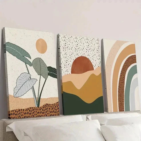 3pcs Boho Style Sunset Pastoral Tropical Plants Wall Art Set Canvas Unframed - High Quality Print 100% Australian Made Wall Canvas - Bella Home Decor