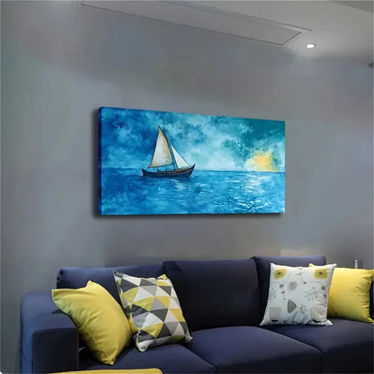 Boat On The Blue Sea Wall Art canvas office home room framed 120x60cm