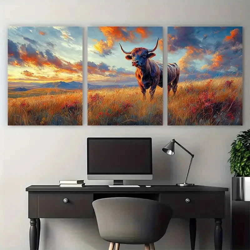 3pcs Colourful Sky Highland COW      Wall Art Set Canvas Framed 50x70cm - High Quality Print 100% Australian Made Wall Canvas Ready to Hang - Bella Home Decor