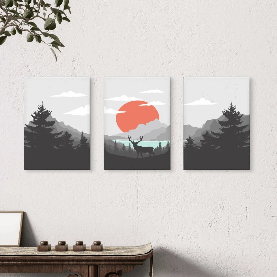 3pcs Deer and Red Sunrise Forest Landscape Wall Art Set Canvas Framed 50x70cm - High Quality Print 100% Australian Made Wall Canvas Ready to Hang