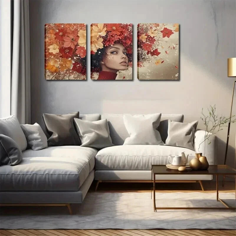 3pcs Vibrant Autumn Floral Woman Décor Perfect Wall Art Set Canvas Framed 50x70cm - High Quality Print 100% Australian Made Wall Canvas Ready to Hang - Bella Home Decor