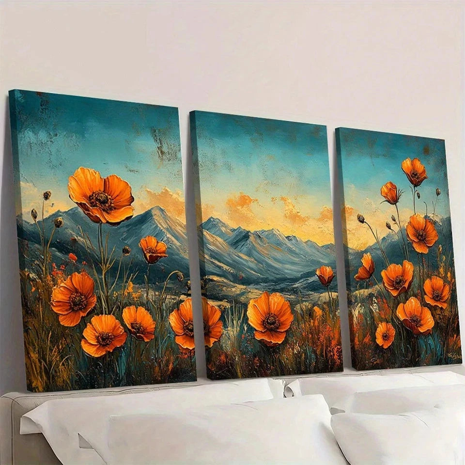 Three-panel wall art of orange flowers and mountains