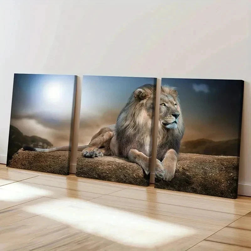 3pcs Animal Art Lion on the Ground Vintage Wall Art Set Canvas Framed 60x90cm - High Quality Print 100% Australian Made Wall Canvas Ready to Hang - Bella Home Decor