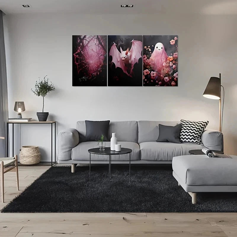 3pcs Spooky Pink Bat Halloween Metal Print Ready to Hang Art - Bella Home Decor