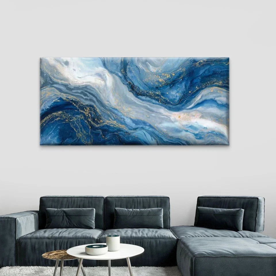 Blue & Golden Abstract Wall Art Canvas Office Home Room Framed 120x60cm