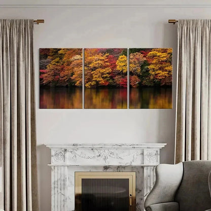 3pcs Red Yellow Trees On The Lake Bank Wall Art Set Canvas Framed 40x60cm - High Quality Print 100% Australian Made Wall Canvas Ready to Hang - Bella Home Decor